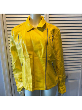Fahsyee Women’s Yellow Faux Leather Moto Biker Jacket Asym Zip Vegan PU XXL